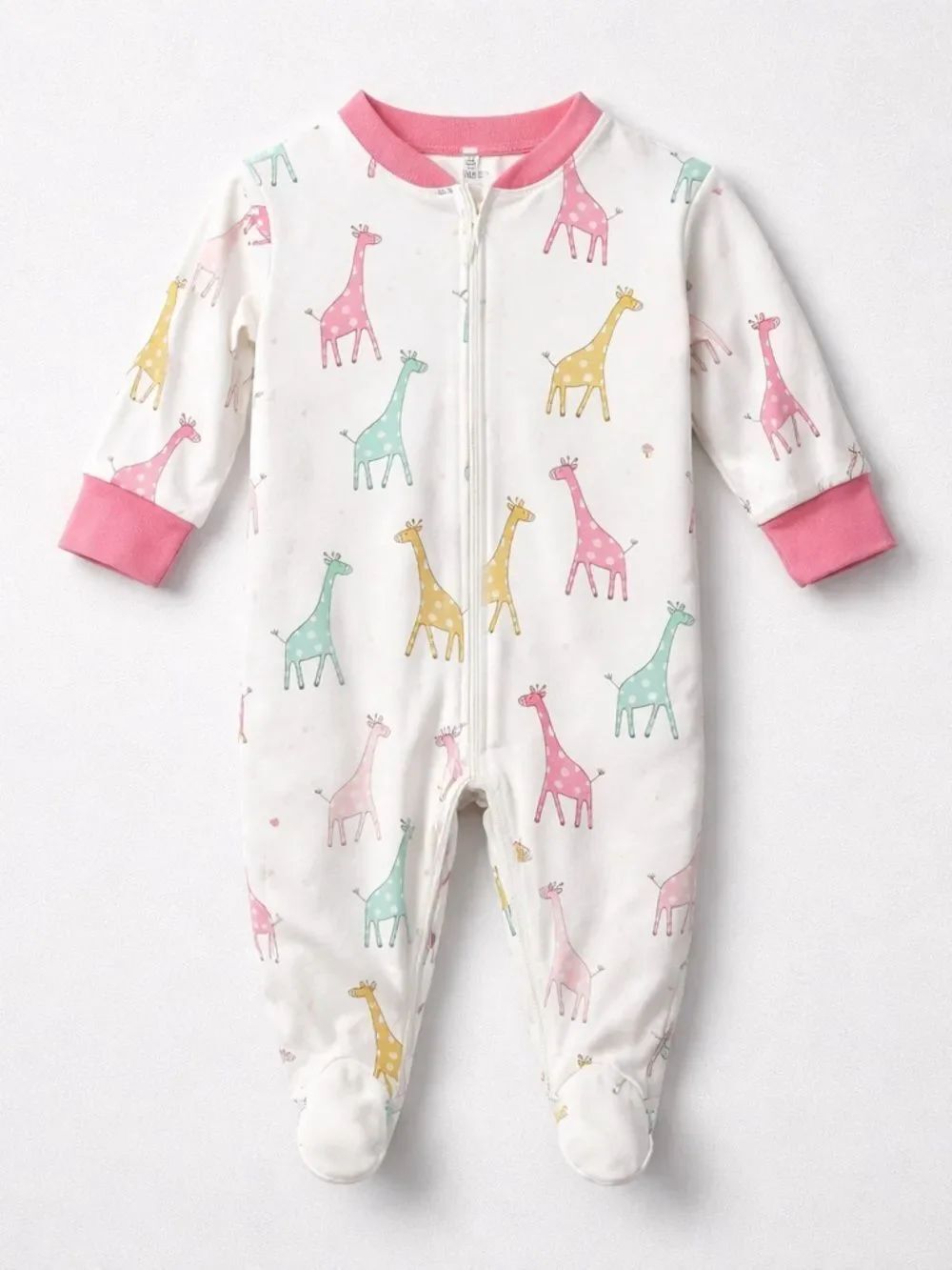 Kissy Love pink and white zipper Pima cotton zipper footie giraffe  6-9 month